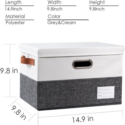 PRANDOM Foldable Storage Bins with Lids [3-Pack] Fabric Collapsible Storage Boxes Baskets Cubes Containers with Handles for Closet Living Room Bedroom (Grey & White 14.9x9.8x9.8'')