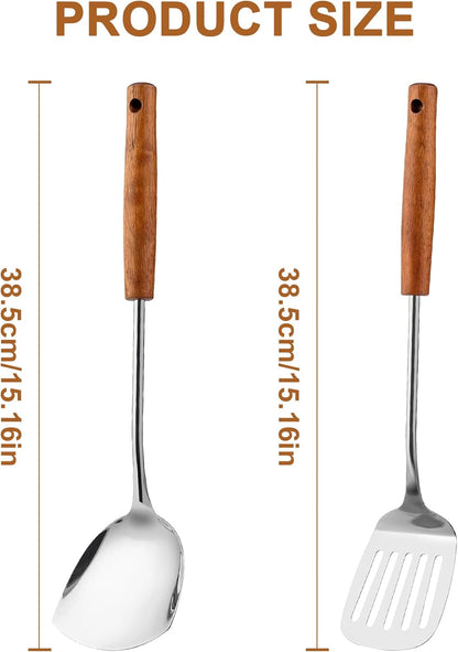FJNATINH Spatulas and Turner Set - Stainless Steel Wok Tools, Wok Utensil,Stainless Steel Cooking Utensils 14.6-15.2" Kitchen Utensils Cookware (Wood Handle-Spatulas 2PCS)
