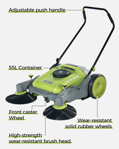 41" Industrial Walk-Behind Hand Push Floor Sweeper | Commercial 55L Large Capacity | 45000 SqFt/Hour | Indoor & Outdoor Use (Green)