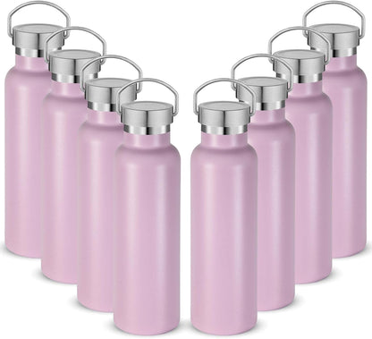 Neihepal 20 oz Insulated Water Bottles Bulk 8 Pack,Stainless Steel Double Wall Sport Bottle with Lid of Handle,Metal Reusable Flask with Cup Cap for School,Hikers,Gift (Pink,Set of 8)