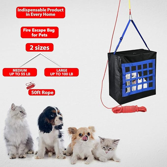 Fire Emergency Escape Bag for Pets up to 100 Pounds - Rope 50ft Incl. - Safety Equipment Carrier - Rapid Rescue Bag for Pets Animals (Large 28"x21"x14") - Life-saving Tool for Dogs, Cats - Rescue Sack