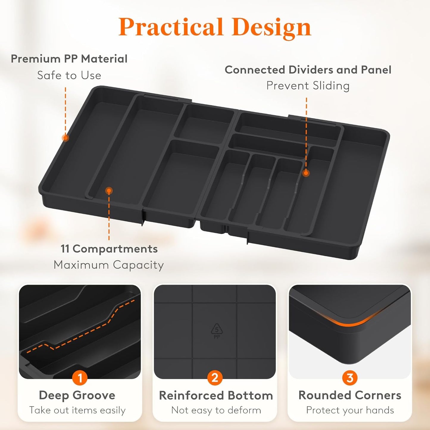 Lifewit Large Silverware Drawer Organizer, Plastic Cooking Utensil Tray for Kitchen, Expandable From 21 to 36 Inches, Adjustable Flatware Cutlery Spoon Fork Knife Spatula Gadgets Holder, Black