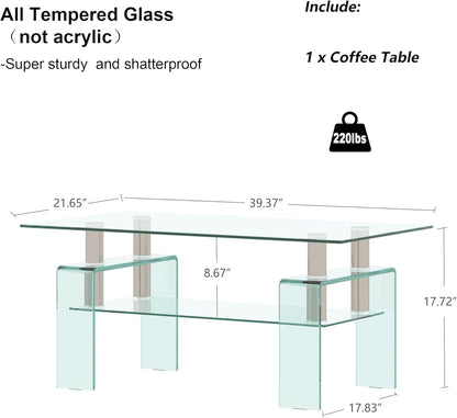 Glass Coffee Table for Living Room, Modern Rectangle All Tempered Glass Table 8mm Clear Transparent Top Home Furniture for Small Space Bearing 220LB