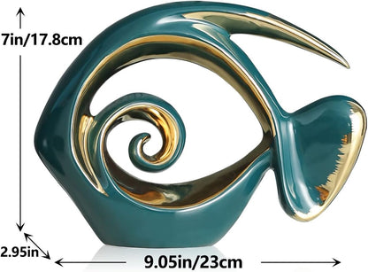 Green Gold Ceramic Fish Figurines - Coastal Home Decor, Modern Ocean Centerpieces for Living Room, Dining Area, Bathroom, Office, Coffee Table, Beach House, Nautical, Seaside, Entrance, Shelf Display