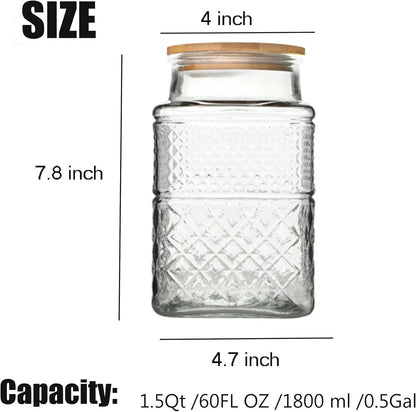 Large Glass Storage Jar, 60 FL OZ Glass Food Storage Containers with Bamboo Lid, Kitchen Containers Cereal Canisters Decorative Jar for Candy Snack Cookies Coffee Tea Nuts Airtight Glass Jars (Square)