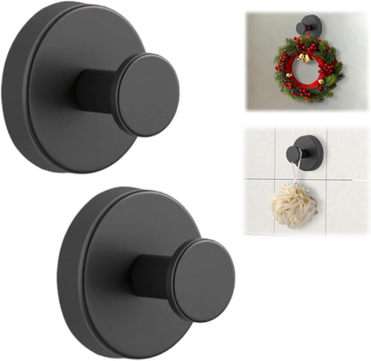 Suction Cup Hooks for Wreaths on Glass, No-Drill Suction Cup Hooks, Wreath Hangers for Front Doors, Metal Towel Hooks for Showers Bathrooms Mirrors (2Pcs Black)