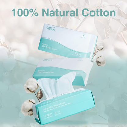 Saraflora 100% Cotton Facial Tissue Soft Dry Wipe 6 Pack, Use for Sensitive Skin Disposable Face Towel Extra Thick Dry and Wet Use Disposable Cotton Tissues for Washing Face Makeup Wipes（600 Count ）