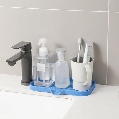 Silicone Bathroom Soap Dishes with Drain Spout Bathroom and Kitchen Sink Organizer,Sponge Holder,Dish Soap Tray,Perfect for Dispenser,Scrubber,Bottle,Cup on Counter Lichen Blue 9.6"×5.3"