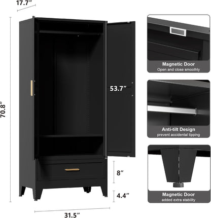 71'' Black Farmhouse Metal Wardrobe Cabinet with Hanging Rod, 2 Barn Door Wardrobe Closet with Adjustable Shelves,Drawer,for Dining Room,Bedroom,Living Room, Cloak Room,Office
