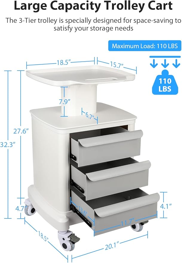 Mobile Trolley Cart for Portable Ultrasound Imaging Scanner Vehicle Trolley Beauty Storage Cart 110 LBS Load with 3 Drawers 4 Wheels for Hospital Office Bedroom Medical Clinic