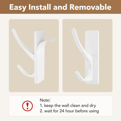 White Self Adhesive Coat Hooks for Hanging, Heavy Duty Stainless Double Wall Hook for Towel, Backpack, Hat, Sturdy Metal Hanger for Bathroom, Bedroom, Door, Wall Mounted, 4-Pack