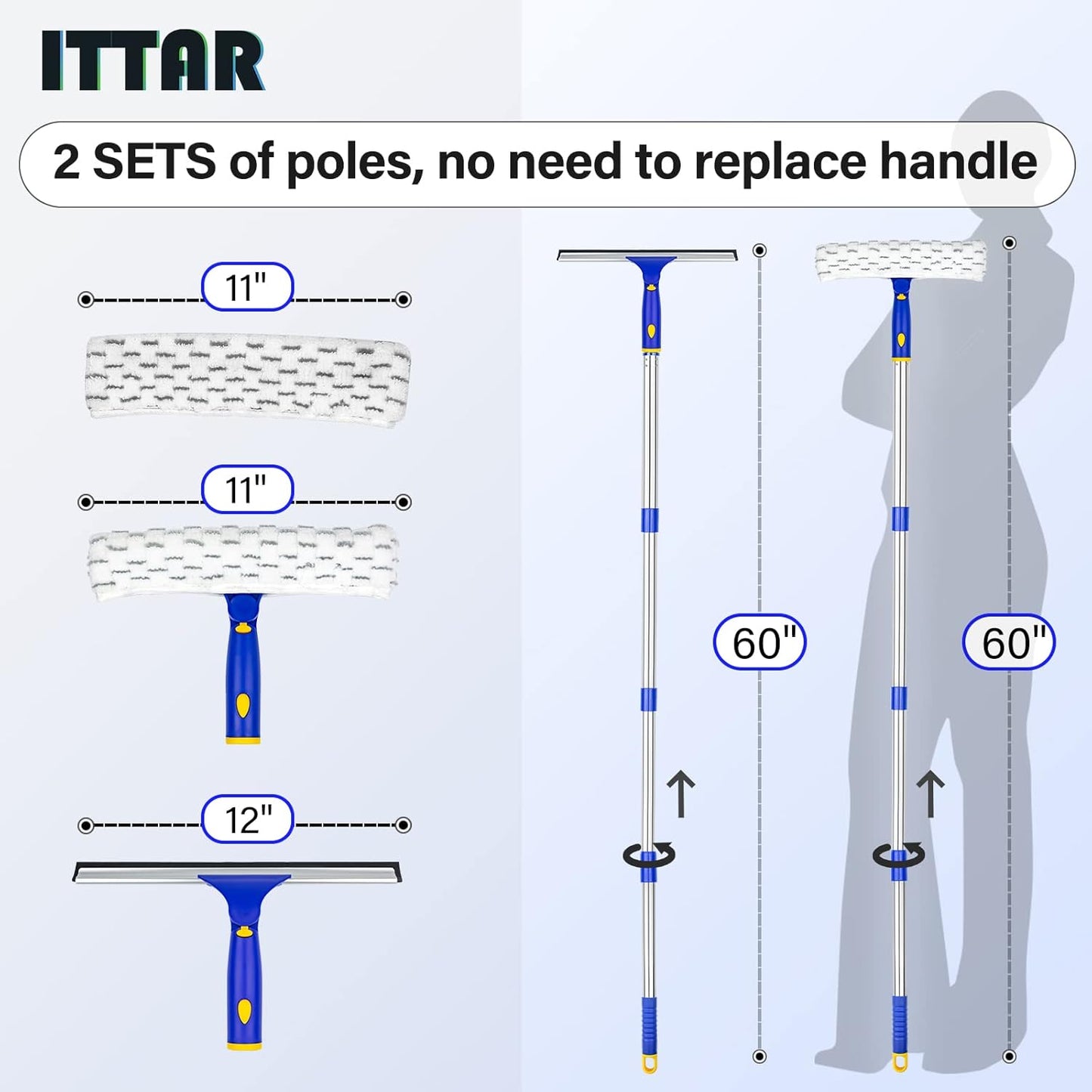 ITTAR Window Squeegee with 2 Sets Stainless Steel Pole, Squeegee Cleaning Tools with Microfiber Pads, 60"-72" Telescopic Window Washing Kit, Professional Squeegee Cleaner for Home Car Outside Glass