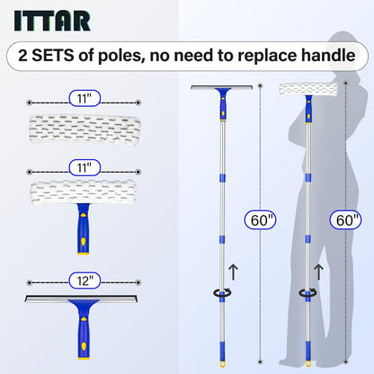 ITTAR Window Squeegee with 2 Sets Stainless Steel Pole, Squeegee Cleaning Tools with Microfiber Pads, 60"-72" Telescopic Window Washing Kit, Professional Squeegee Cleaner for Home Car Outside Glass