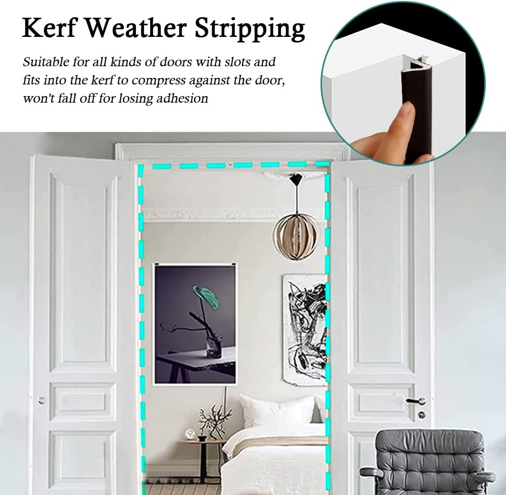 Kerf Weather Stripping Door Seal Strip 26 Ft Q Foam Door Weatherstrip Seal with Slot Card Slot Installation, Easy Cut to Size (Black)