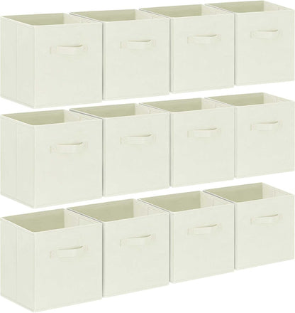 GhvyenntteS Storage Cubes 12 Pack, 11 Inch Cube Storage Bins with Dual Handles, Collapsible Fabric Storage Bins for Shelves Closet, Storage Baskets for Organizing Clothes, Bedding, Books, Beige