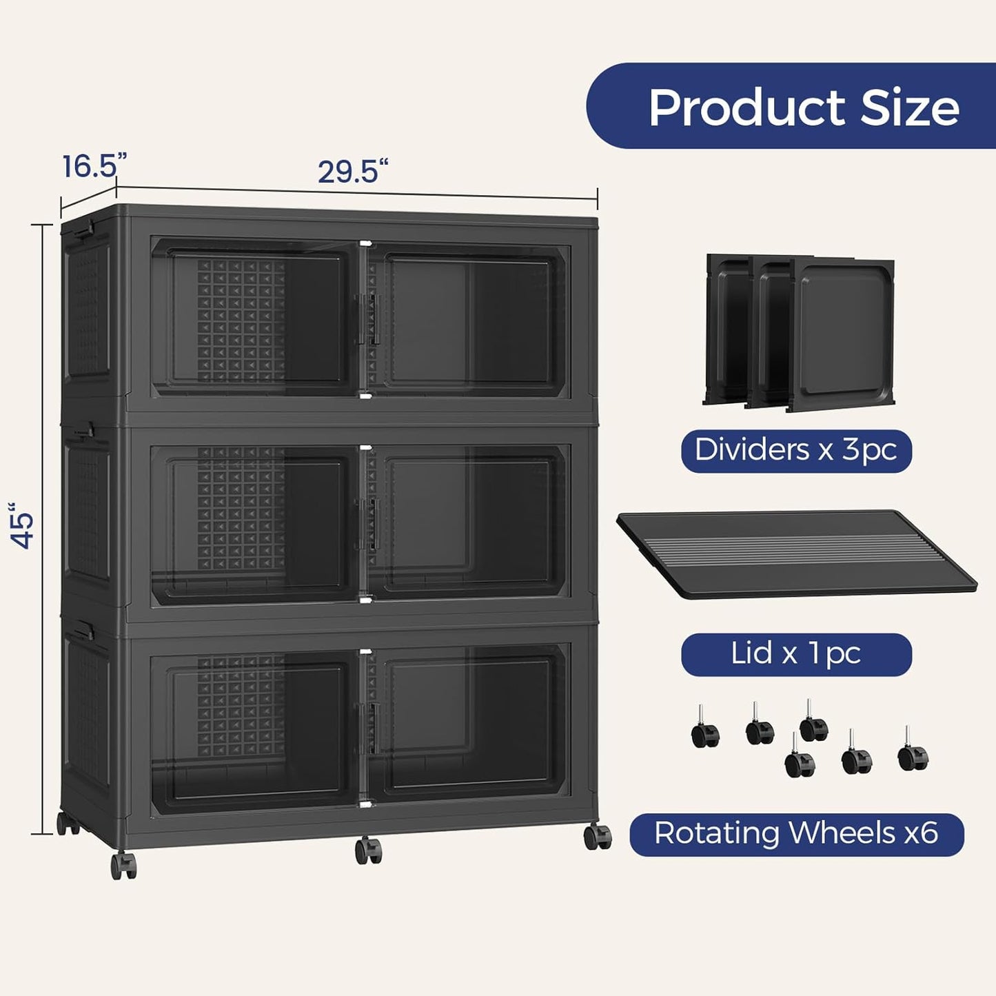 120GAL Extra Large Storage Bins with Lid, 480Qt Stackable Closet Organizers and Drawers, Collapsible Storage Bins with Wheels, Folding Storages Cabinet for Home Bedroom Office, 3Pack Black