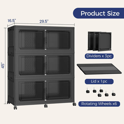 120GAL Extra Large Storage Bins with Lid, 480Qt Stackable Closet Organizers and Drawers, Collapsible Storage Bins with Wheels, Folding Storages Cabinet for Home Bedroom Office, 3Pack Black