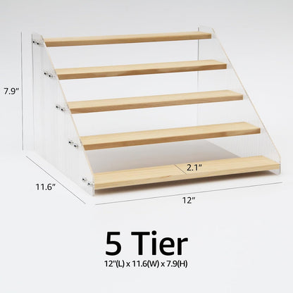 nianfeng Tiered Spice Rack, 5-Tier Spice Pantry Kitchen Cabinet Organizer, 12-Inch, Natural Wood Acrylic Stair Riser Stand, Countertop Seasoning Shelf