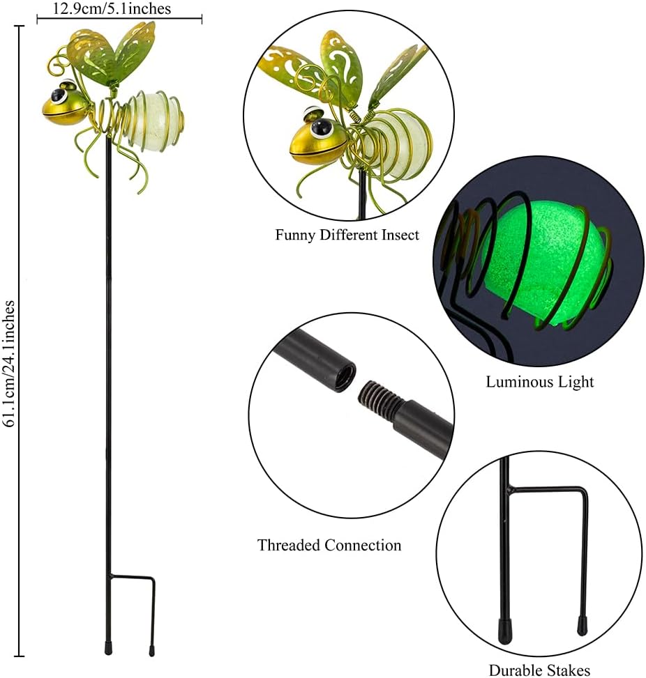 Garden Decor for Outside,3 Pcs Luminous Insect Garden Decorative Stakes,Glow in The Dark Bee Lights Metal Yard Art,Waterproof Outdoor Spring Lawn Patio Pathway Decoration for Mom,Women,Grandma