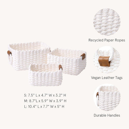 LA JOLIE MUSE Woven Storage Baskets for Organizing, Recycled Paper Rope Basket Bin Divider for Makeup Towel Shelf Cupboards Drawer Closet Dresser, Decorative White Storage Basket Set of 3