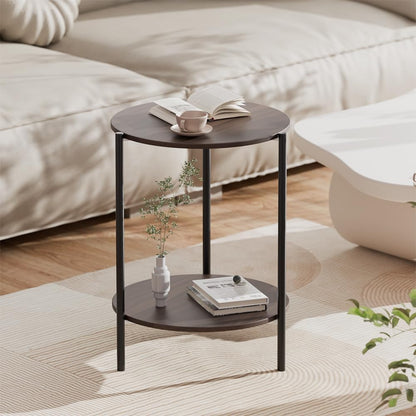 Side Table, Round End Table with 2-Layer Storage Rack, 15.7" Small Spaces Circle Table, Metal Frame Design Small Side Tables, for Living Room, Bedroom, Vintage Wood
