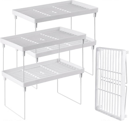 NiHome 4-Pack Stackable Plastic Kitchen Storage Shelf Foldable Rack - White Kitchen Cabinet Organizer and Storage Shelves Stackable Expandable Storage Racks for Counter Cabinet Pantry