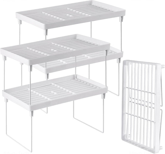 NiHome 4-Pack Stackable Plastic Kitchen Storage Shelf Foldable Rack - White Kitchen Cabinet Organizer and Storage Shelves Stackable Expandable Storage Racks for Counter Cabinet Pantry