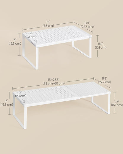SONGMICS Spice Rack, Expandable Kitchen Countertop Shelf, Small Cupboard Organizer, Metal, Space-Saving Tabletop Shelf, Matte White UKCS007W01