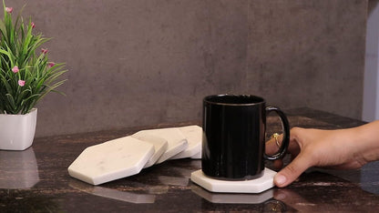 Set of 6 Hexagon Marble Coasters | White Decor for Modern Homes | Drink Coasters for Coffee Table, Dining, Bar or Office| Made from 100% Solid Real Marble | Cute Stone Coasters