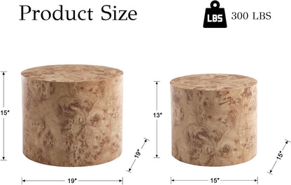EALSON Nesting Coffee Tables Set of 2 Farmhouse Small Round End Tables Modern Wood Circle Side Table Drum Table for Living Room Small Spaces Bedroom Balcony, No Assembly, Natural Burl