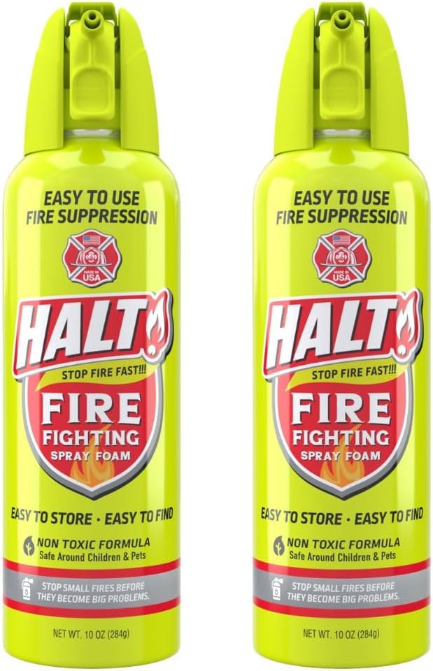 HALT! 10oz Fire Safety Spray – Non-Toxic, PFAS-Free Handheld Fire Suppressor – Easy to Use, Store & Find – Compact & Portable for Home, Kitchen, Car, BBQ, Camping & Tailgate – Made in USA (2pk)