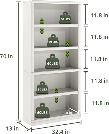 70-Inch Tall White Bookcase, 5 Tiers Shelves Open Storage Bookshelf, 33 in Wide Anti Tipping Indoor Furniture, Book Cases for Home Library Office Bedroom School