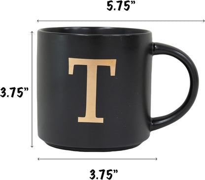 COLLECTIVE HOME - Monogram Ceramic Mugs, 15 oz Golden Initial Black Coffee Cups, Elegant Alphabet Tea Mugs, Elegant Personalized Mug with Gift Box, Unique Mug with Double Side Capital Lette (T)