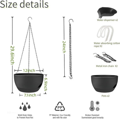2 Pack Hanging Planters for Indoor Outdoor Plants, 12 Inch Self Watering Hanging Pot with Drainage Holes and Saucer, Plastic Plant Pots, Black Flower Pots for Kitchen, Balcony, Garden