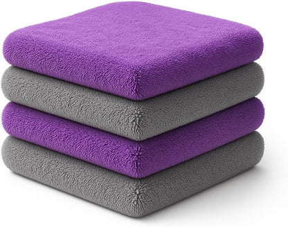 Paks - Edgeless Microfiber Towels 4-Pack - Car Detailing Wash Cloths for Cleaning - 16x16 Car Drying Towel - Lint Free Auto Rags for Polishing & Buffing - Purple & Grey Cleaning Supplies