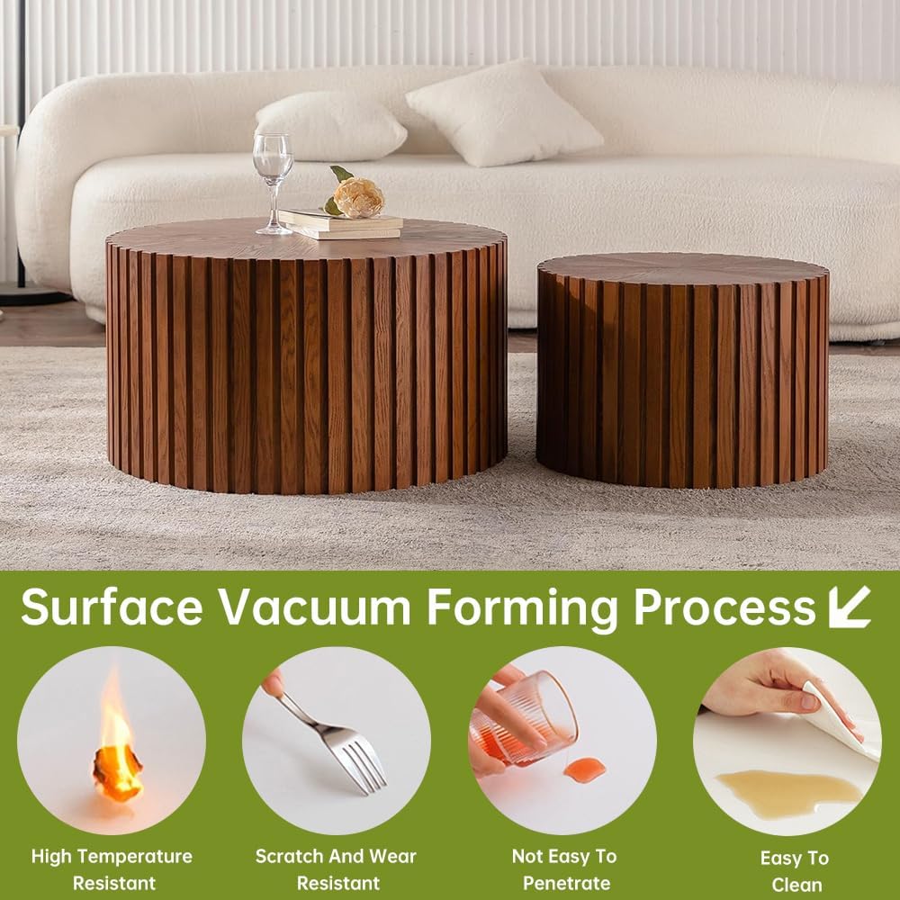 Round Nesting Coffee Table Set of 2 Small Round Coffee Tables for Living Room Modern Fluted Coffee Table Circular End Table Side Table for Small Spaces No Assembly (Brown, 18 in)