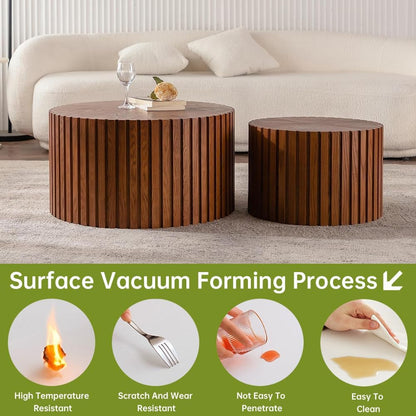 Round Nesting Coffee Table Set of 2 Small Round Coffee Tables for Living Room Modern Fluted Coffee Table Circular End Table Side Table for Small Spaces No Assembly (Brown, 18 in)