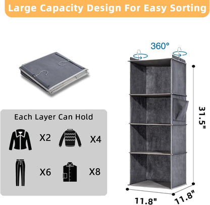 2 Packs Hanging Closet Organizer, 4-Shelf Closet Organizers and Storage with Side Pockets, Collapsible Hanging Shelves for Closet & RV & College Dorm,Grey