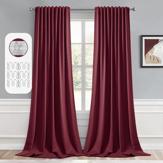 MIULEE Wine Red Back Tab Blackout Curtains 102 Inch Long 2 Panels Set for Bedroom, Rod Pocket/Pinch Pleated Thermal Insulated Living Room Darkening Light Blocking Floor to Ceiling Drapes