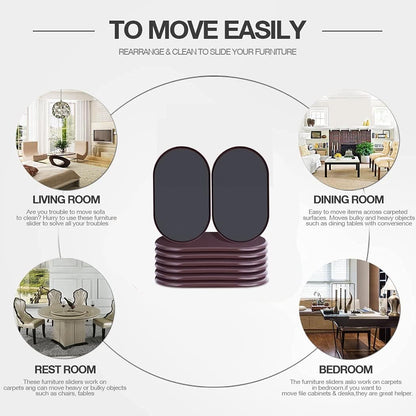 Reusable Large Furniture Sliders for Carpet, Furniture Movers Sliders, Carpet Movers Oval Heavy Duty Sofa Bed Table Desk Movers for Carpet –Quickly and Easily Move Any Item, Brown (8 Pack)