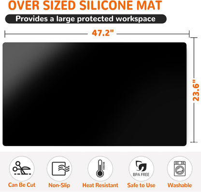 Warome Heat Resistant Mat, 47"x 23" Silicone Mat, Extra Large Silicone Mats for Kitchen Countert, Nonslip Kitchen Countertop Protector for Baking/Crafts, No Creases-Black