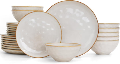Famiware Dinnerware Sets for 8, Ocean Round 24-Piece Kitchen Plates and Bowls Sets, Reactive Glaze, Microwave and Dishwasher Safe, Scratch Resistant, Cappuccino White