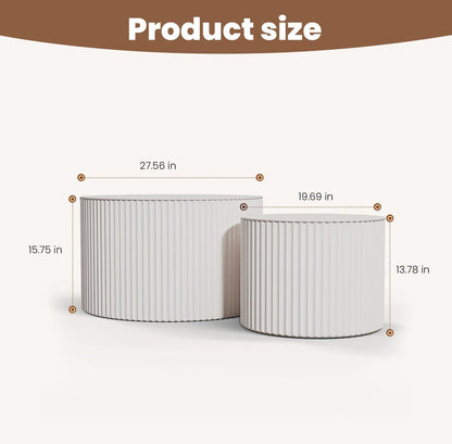Round Nesting Coffee Table Wood Drum Nesting Tables Modern Stacking Coffee Table Set of 2 Fluted Center Table End Table for Living Room Home Office Small Spaces, No Assembling (Beige Large)