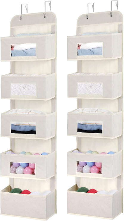 5-Shelf Over The Door Hanging Organizer with 2 Metal Hooks，5 Pocket Over The Door Wall Mount Storage with Clear Windows for Baby Nursery Bathroom Closet,Bedroom,Dorm(Beige-2 Pack)