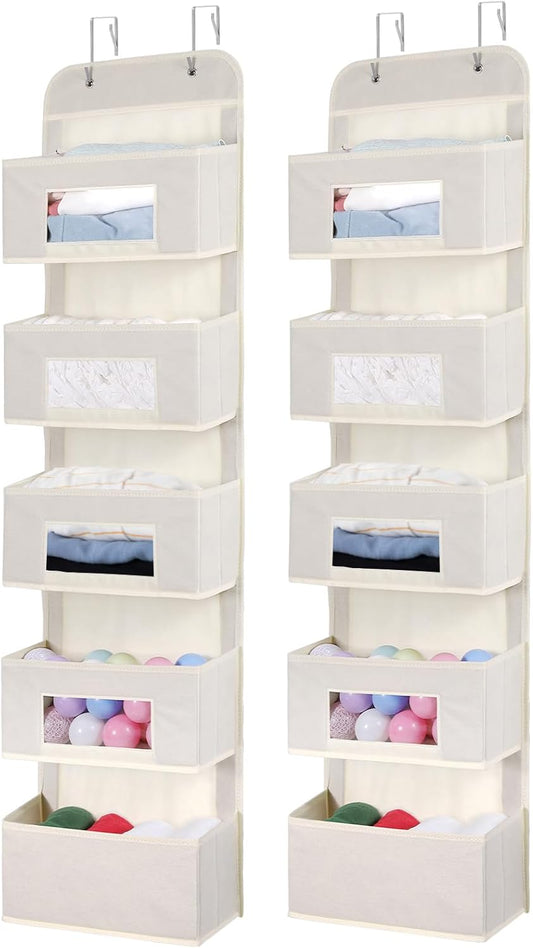 5-Shelf Over The Door Hanging Organizer with 2 Metal Hooks，5 Pocket Over The Door Wall Mount Storage with Clear Windows for Baby Nursery Bathroom Closet,Bedroom,Dorm(Beige-2 Pack)