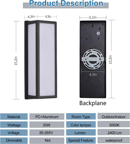 2-Pack Outdoor Wall Light LED 30W Aluminum - Black Modern Exterior Sconce,3000K Warm,Waterproof Rectangular Porch Wall Mount Lighting Brightens to Patio,Garage,Front Door