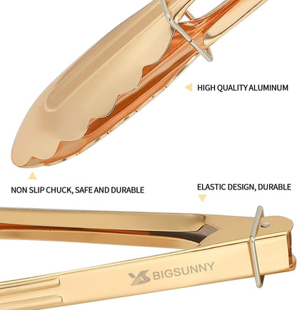 MSY BIGSUNNY 9 Inch Kitchen Food Tongs for Cooking and Serving- Aluminum - Set of 3 (gold-plated)