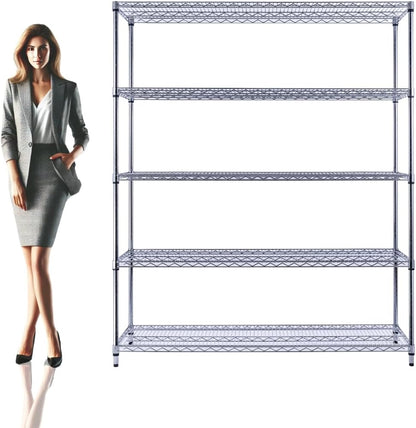 60"x18"x72" Chrome 5-Tier PREMIUM Wire Shelving NSF 4000 LBS MAX CAPACITY Heavy Duty Steel Storage Rack for Warehouses, Garages, Hospitals, Commercial Spaces, & Schools w/PREMIUM WHEELS