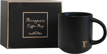 COLLECTIVE HOME - Black Monogram Ceramic Mugs, 15 oz Golden Initial Coffee Cups, Elegant Alphabet Tea Mugs, Personalized Halloween Mug with Gift Box, Perfect for Office and Home Décor (r)