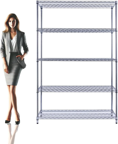 48"x18"x72" Chrome 5-Tier PREMIUM Wire Shelving NSF 4000 LBS MAX CAPACITY Heavy Duty Steel Storage Rack for Warehouses, Garages, Hospitals, Commercial Spaces, & Schools w/PREMIUM WHEELS